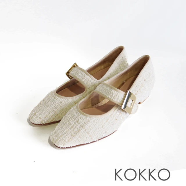 KOKKO 集團KOKKO 集團 復古典雅金飾尖頭低跟瑪莉珍鞋(毛呢白)