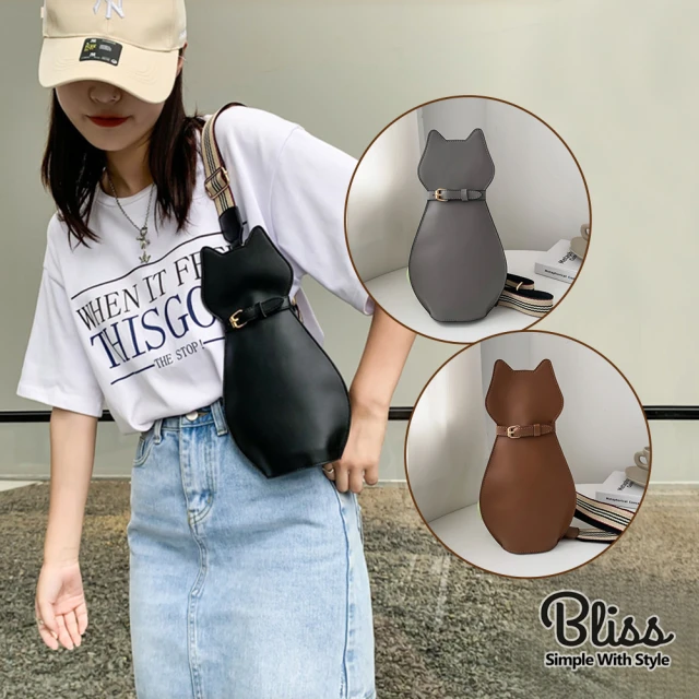 【Bliss BKK】萌貓咪軟皮革斜跨胸包 俏皮可愛 小廢包 造型款(3色可選)