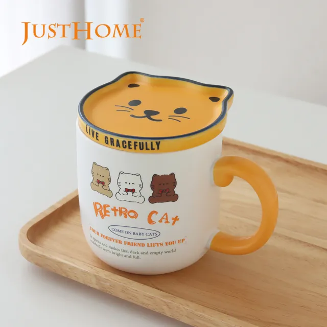 【Just Home】復刻貓陶瓷附杯蓋馬克杯380ml 白底三隻貓(杯子 陶瓷杯 馬克杯)