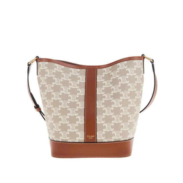 【CELINE】新色標誌印花牛皮革邊小型BUCKET CUIR TRIOMPHE斜背包(米棕色)