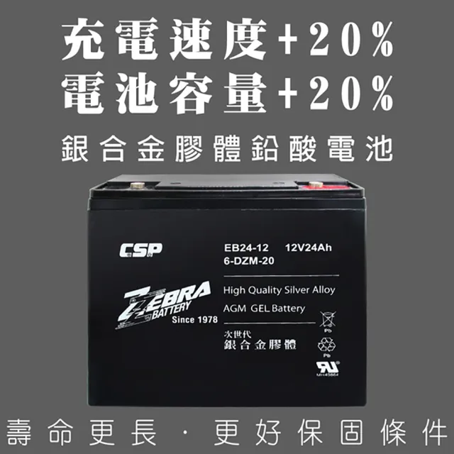 【ZEBRA 斑馬牌】EB24-12 x4顆 銀合金膠體電池12V24Ah(等同6-DZM-20.電動車電池 REC22-12 WP2)