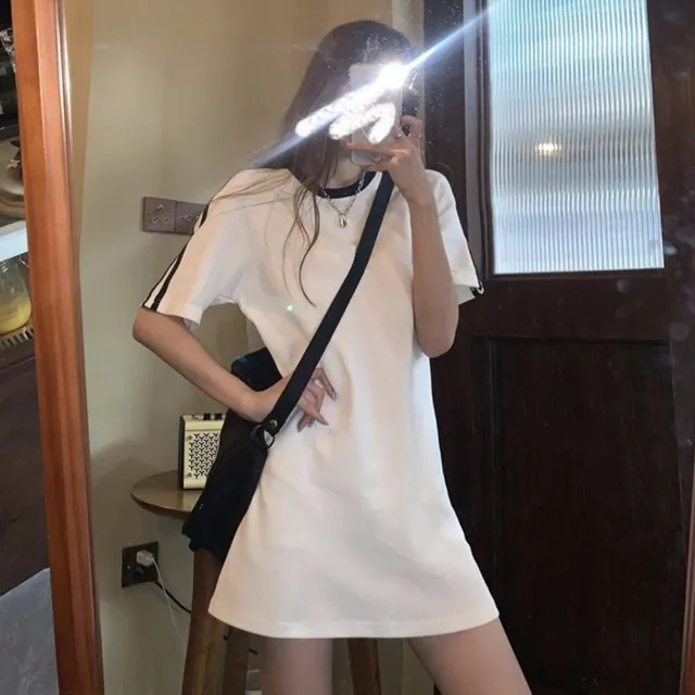 【D.studio】韓版小個子顯瘦休閒中長款連衣裙(洋裝套裝連身裙短袖上衣短袖t恤女裝寬鬆上衣S203)