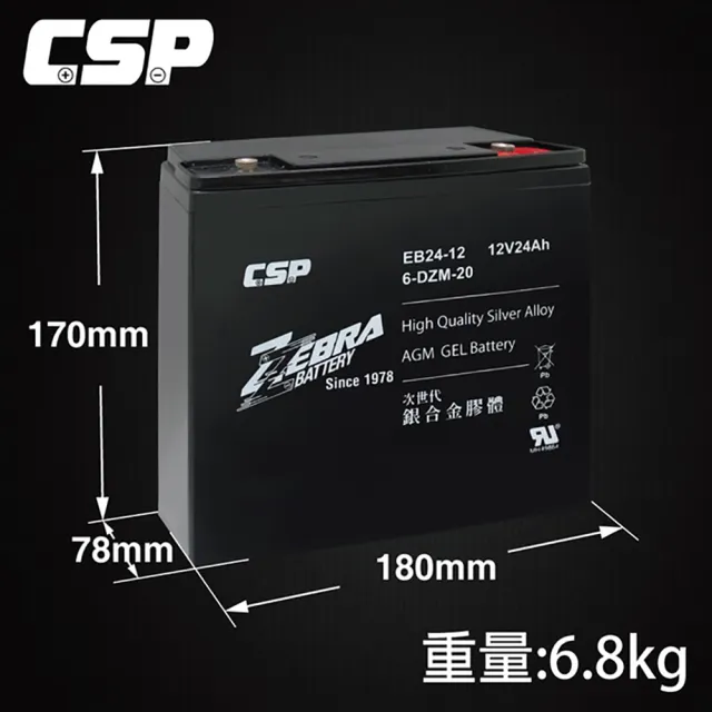 【ZEBRA 斑馬牌】EB24-12 單顆出貨 銀合金膠體電池12V24Ah(等同6-DZM-20.電動車電池 REC22-12 WP2)