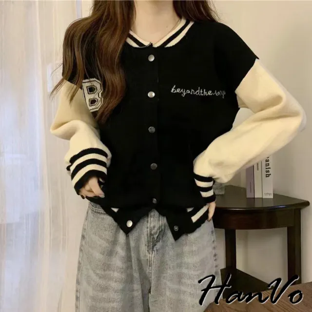 【HanVo】現貨 撞色拼接字母針棒球服外套(寬鬆休閒百搭針織 韓系女裝 女生衣著 A07-1980)