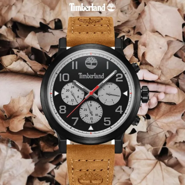 【Timberland】天柏嵐 PANCHER系列 三眼多功能腕錶 皮帶-黑/小麥色46mm(TDWGF0028902)