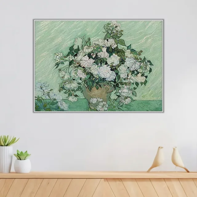 《玫瑰花》梵谷.後印象派 世界名畫 經典名畫 風景油畫-白框60x80CM