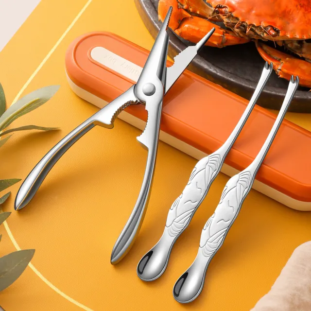 【PUSH!】餐具用品 吃蟹工具 304不鏽鋼螃蟹工具大閘蟹工具蟹針蟹夾螃蟹鉗(吃蟹工具5件套送收納盒D336)
