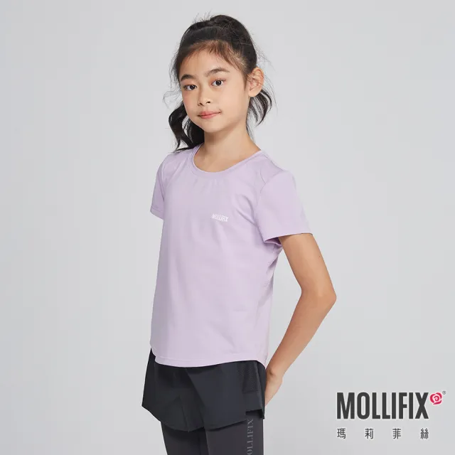 【Mollifix 瑪莉菲絲】弧形剪接修身短袖訓練上衣_KIDS、瑜珈服、瑜珈上衣、運動服(淺紫)