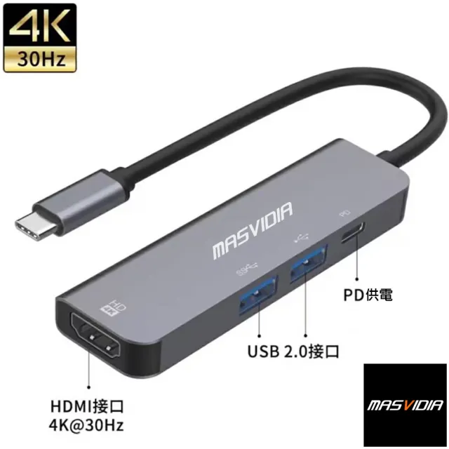 【MasVidia】四合一USB Type C多功能HUB集線器(PD充電/HDMI輸出/台灣品牌)