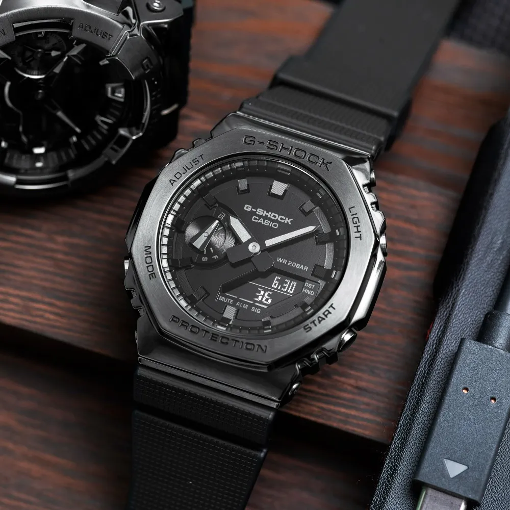 【CASIO 卡西歐】G-SHOCK 酷黑時尚 金屬八角防護構造雙顯錶 禮物 開學(GM-2100BB-1A)