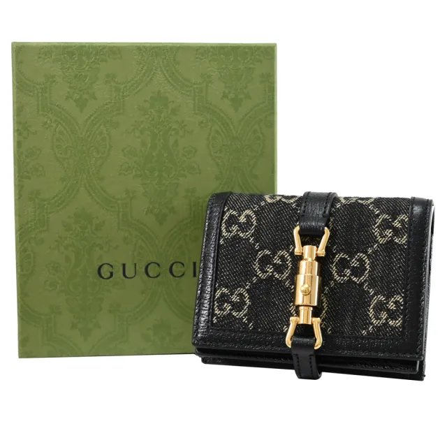 【GUCCI 古馳】Jackie 1961 經典雙G緹花布牛皮拼接扣式零錢短夾(黑邊)