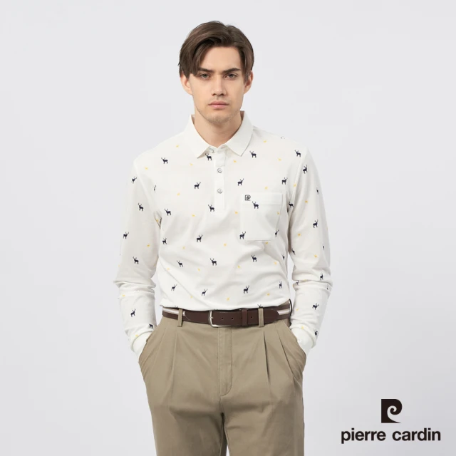 pierre cardin 皮爾卡登 商務休閒 男款 麋鹿印花長袖POLO衫-米白色(5235263-90)