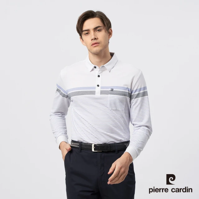 pierre cardin 皮爾卡登 商務休閒 男款 定位橫條印花長袖POLO衫-白色(5235261-90)