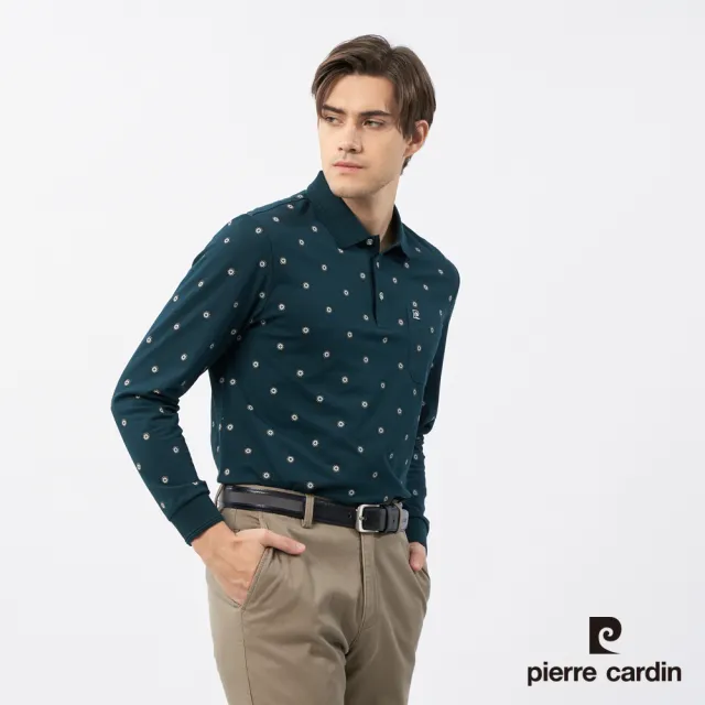 【pierre cardin 皮爾卡登】休閒服飾 男款 圓點點印花長袖POLO衫-深綠色(5235258-47)