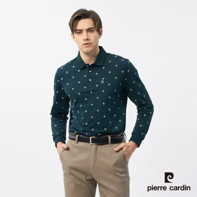【pierre cardin 皮爾卡登】休閒服飾 男款 圓點點印花長袖POLO衫-深綠色(5235258-47)
