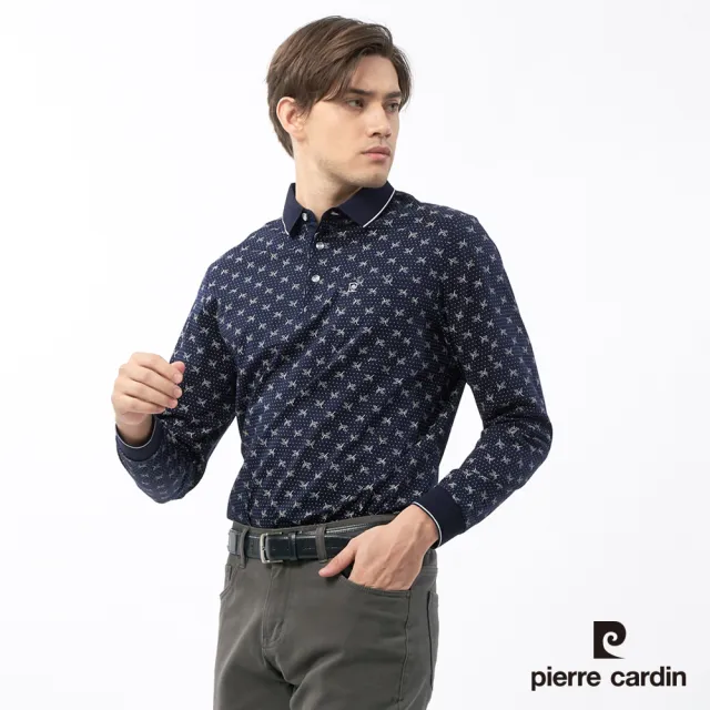 【pierre cardin 皮爾卡登】休閒服飾 男款 印花長袖POLO衫-深藍色(5235209-38)