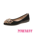 【PINKBABY】金屬亮皮璀璨串珠貓眼石花束造型尖頭低跟摺疊便鞋(黑)