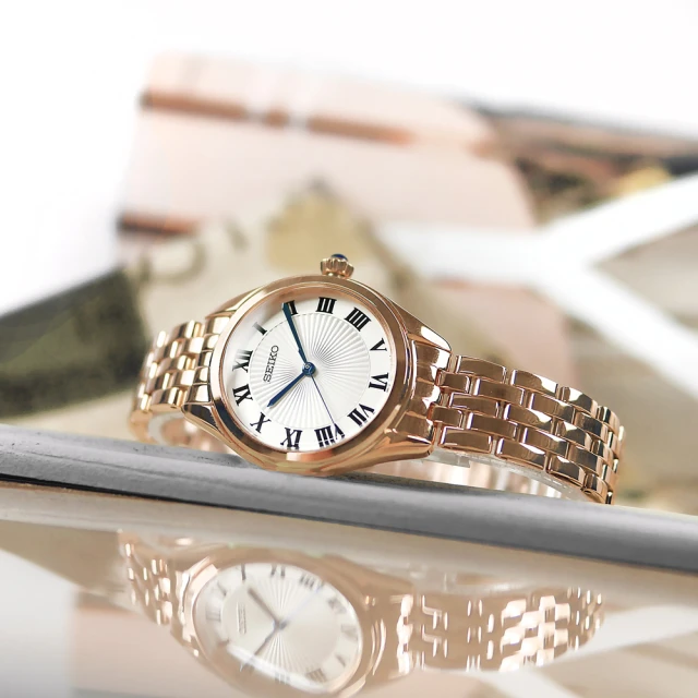 【SEIKO 精工】經典簡約 放射狀錶盤 羅馬刻度 不鏽鋼手錶 白x鍍玫瑰金 29mm(6N01-00G0K.SUR332P1)