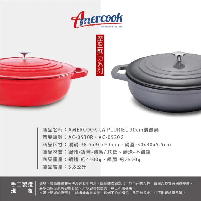 【Amercook】LA PLURIEL系列多彩加厚2色可選白琺瑯鑄鐵鍋超值組30cm