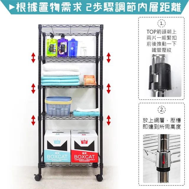 【yo-life】100%台灣製 實用五層移動置物架-贈尼龍輪-銀/黑任選(60x30x150cm)