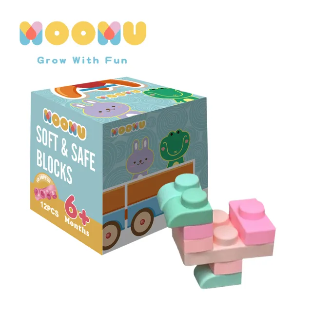 【MOOMU】馬卡龍香草軟積木 12 pcs 盒裝 2 入 造型組(小車+大嘴鳥)