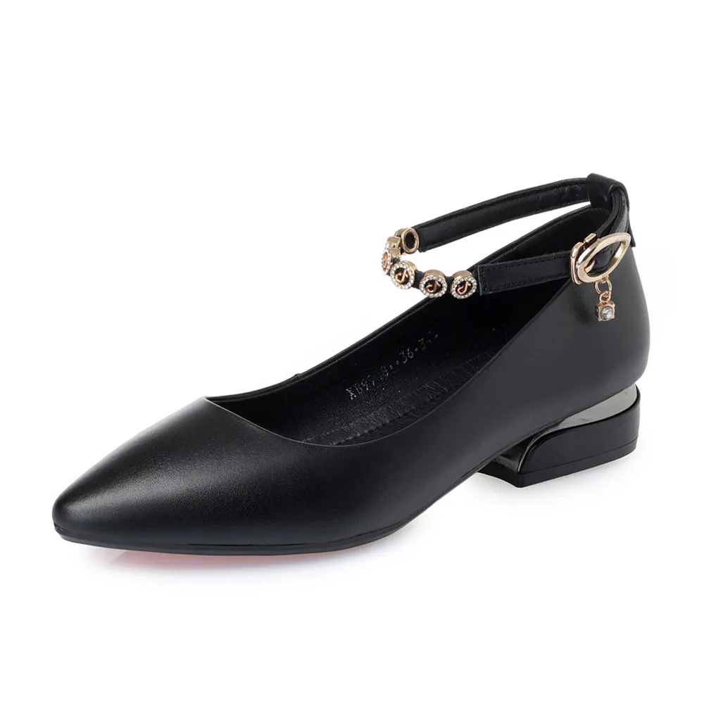 【MOM】真皮細緻牛皮尖頭淺口繫帶金屬粗跟鞋(3色任選)