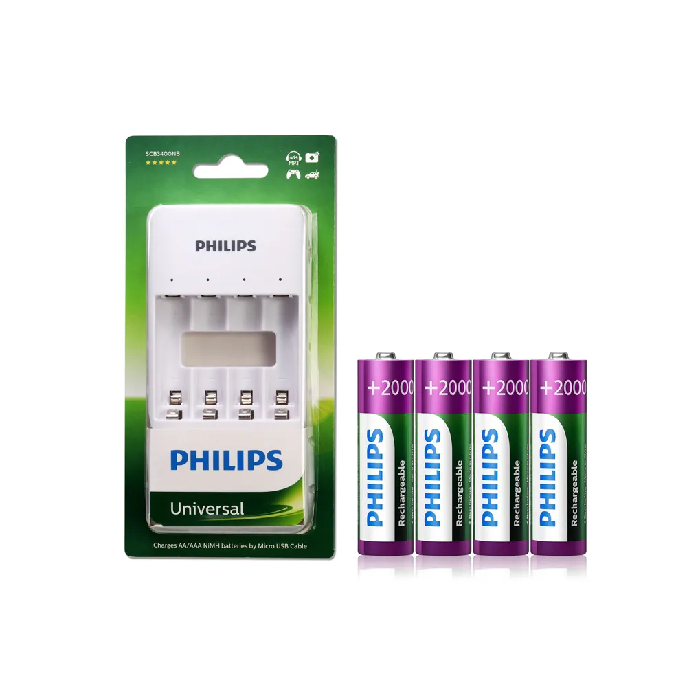 【Philips 飛利浦】USB低自放鎳氫充電電池組(智慧型充電器+3號4入)