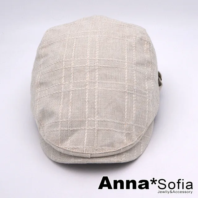 【AnnaSofia】鴨舌帽明星潮帽貝蕾帽狩獵帽報童帽小偷帽-氣質棉麻交錯格紋 現貨(米黃系)