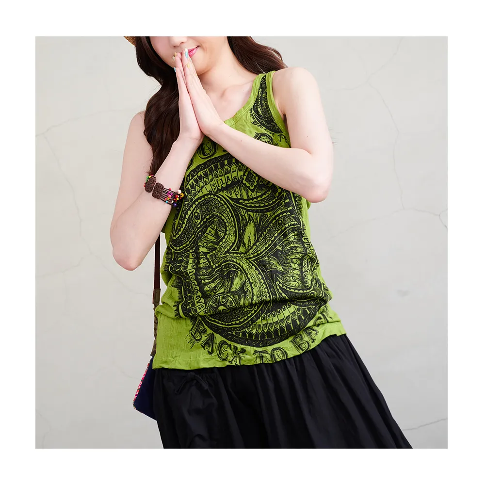 【潘克拉】泰國符號插畫印花捲皺純棉背心-F(綠)