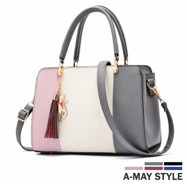 【Amay Style 艾美時尚】女包 手提包 優雅拼色貓咪吊飾手提肩背包(5色.預購)