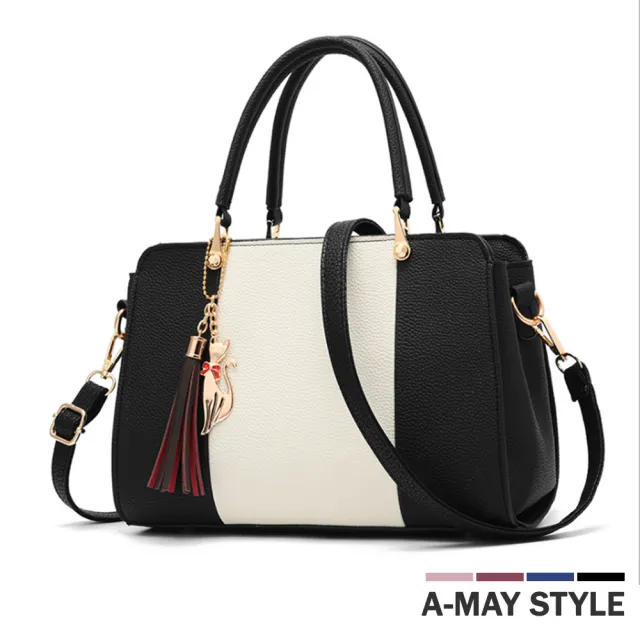 【Amay Style 艾美時尚】女包 手提包 優雅拼色貓咪吊飾手提肩背包(5色.預購)