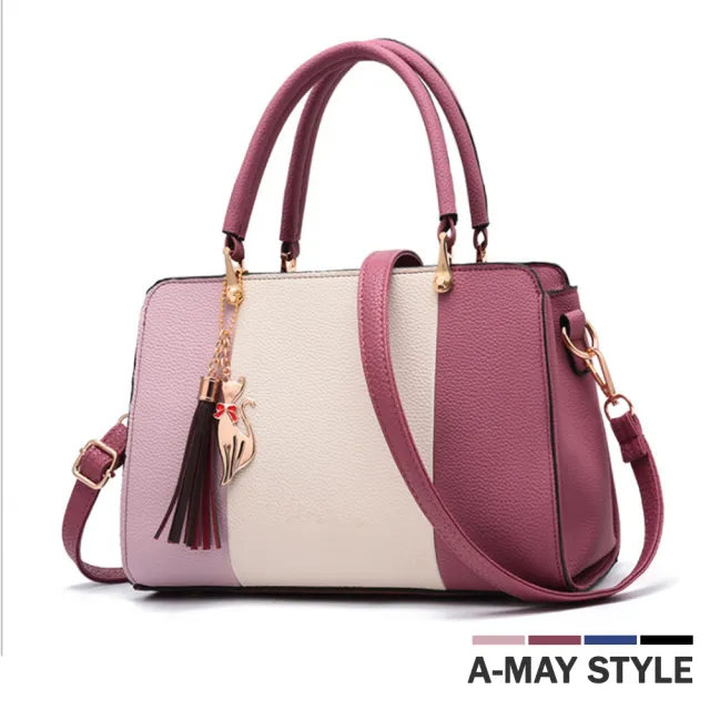 【Amay Style 艾美時尚】女包 手提包 優雅拼色貓咪吊飾手提肩背包(5色.預購)