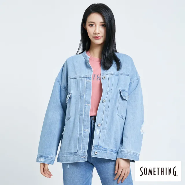 【SOMETHING】女裝 寬版小領台牛仔外套(漂淺藍)