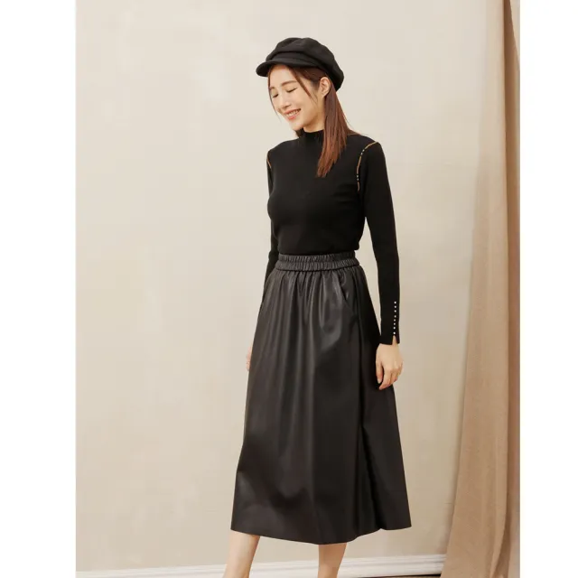 R.NETS 韓系質感鬆緊腰中長皮裙