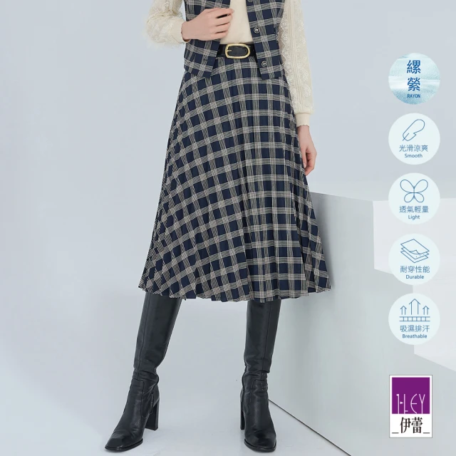 ILEY 伊蕾 學院風格紋斜剪裁壓摺中長裙(深藍色；M-XL；1233012216)