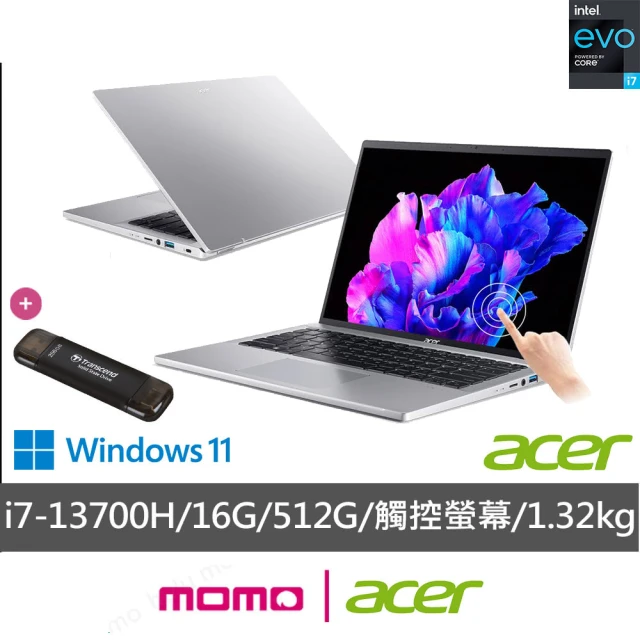 ACER 宏碁Acer 256G固態行動碟★14吋13代i7觸控輕薄效能筆電(Swift Go/EVO/i7-13700H/16G/512G/SFG14-71T-70D9)