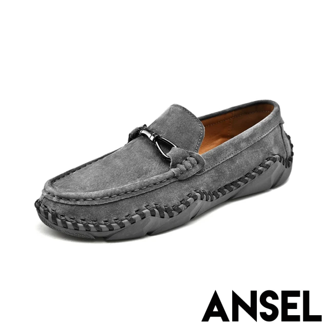 ANSELANSEL 真皮樂福鞋 手工樂福鞋/真皮頭層豚皮手工縫線磨砂絨面馬銜扣飾休閒鞋 樂福鞋-男鞋(灰)