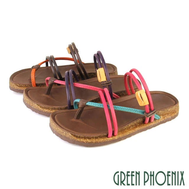 【GREEN PHOENIX 波兒德】女款撞色扭結套趾兩用全真皮平底涼拖鞋(桃紅、咖啡、紫色)