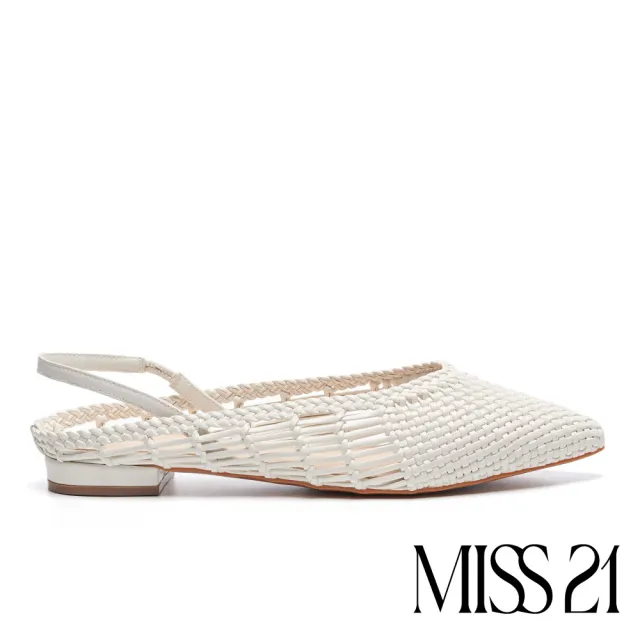 【MISS 21】慵懶手工風編織造型尖頭粗跟涼鞋(白)