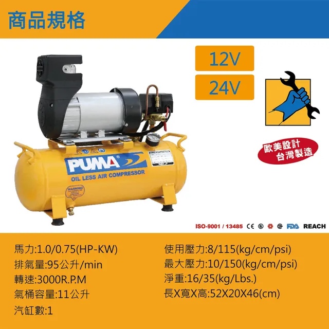 【PUMA巨霸空壓】1HP 11L 24V直流電 無油式空壓機(DC112)