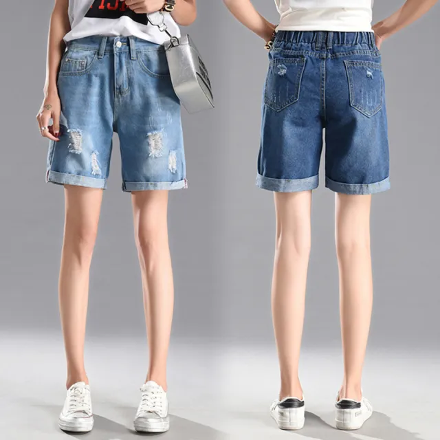 【RH】休閒單寧後鬆緊帶抓鬚六分短褲(甲四季必備休閒單品)