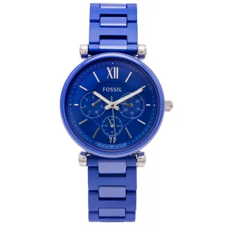 【FOSSIL】藍色優雅風三眼計時的陶瓷材質手錶-藍面X藍色/38mm(LE1097)