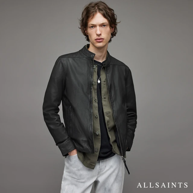 【ALLSAINTS】COLT 立領金屬釦環羊皮皮衣夾克-黑