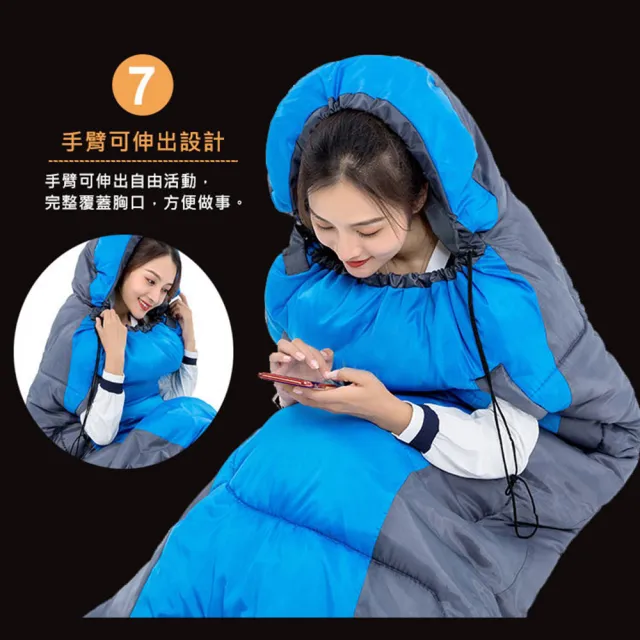 【VENCEDOR】信封式可拼接加厚睡袋-1300G(露營 登山 可伸手加厚 超輕睡袋 帶帽成人睡袋 戶外露營睡袋-1入)