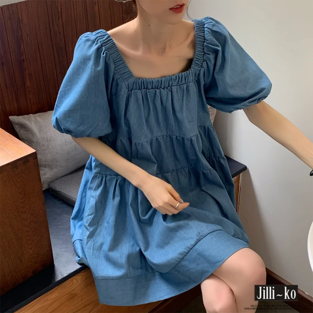 【JILLI-KO】類單寧色多層連衣裙-F(藍)