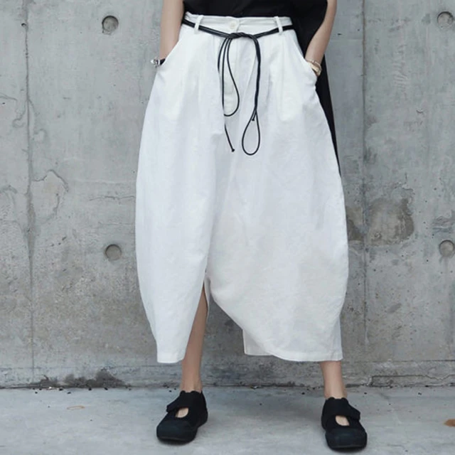 【設計所在】日系原創白色圓弧形麻料寬鬆休閒褲裙(S-L可選)