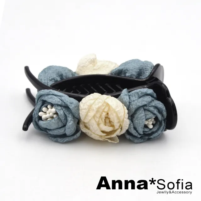 【AnnaSofia】婚禮盤髮夾圓夾髮飾髮夾-華緻三花苞 現貨(米+藍系)