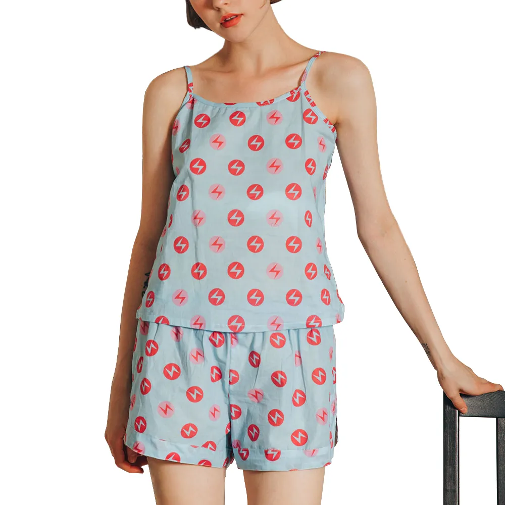 【3-o’clock】夏季甜美粉紅閃電泡泡糖 細肩帶睡衣套裝(藍)