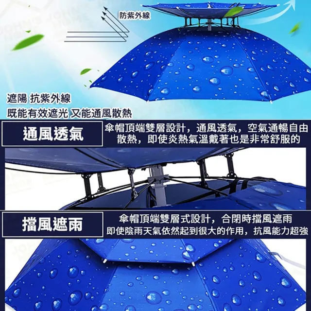 【JOHN HOUSE】雙層戶外防曬傘帽 體積輕巧 頭戴雨傘 釣魚帽傘 晴雨傘 遮陽傘 遮陽帽(防曬傘帽)