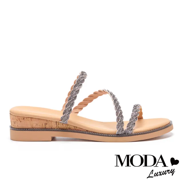 【MODA Luxury】異國度假風金蔥麻花繫帶楔型拖鞋(古銅)